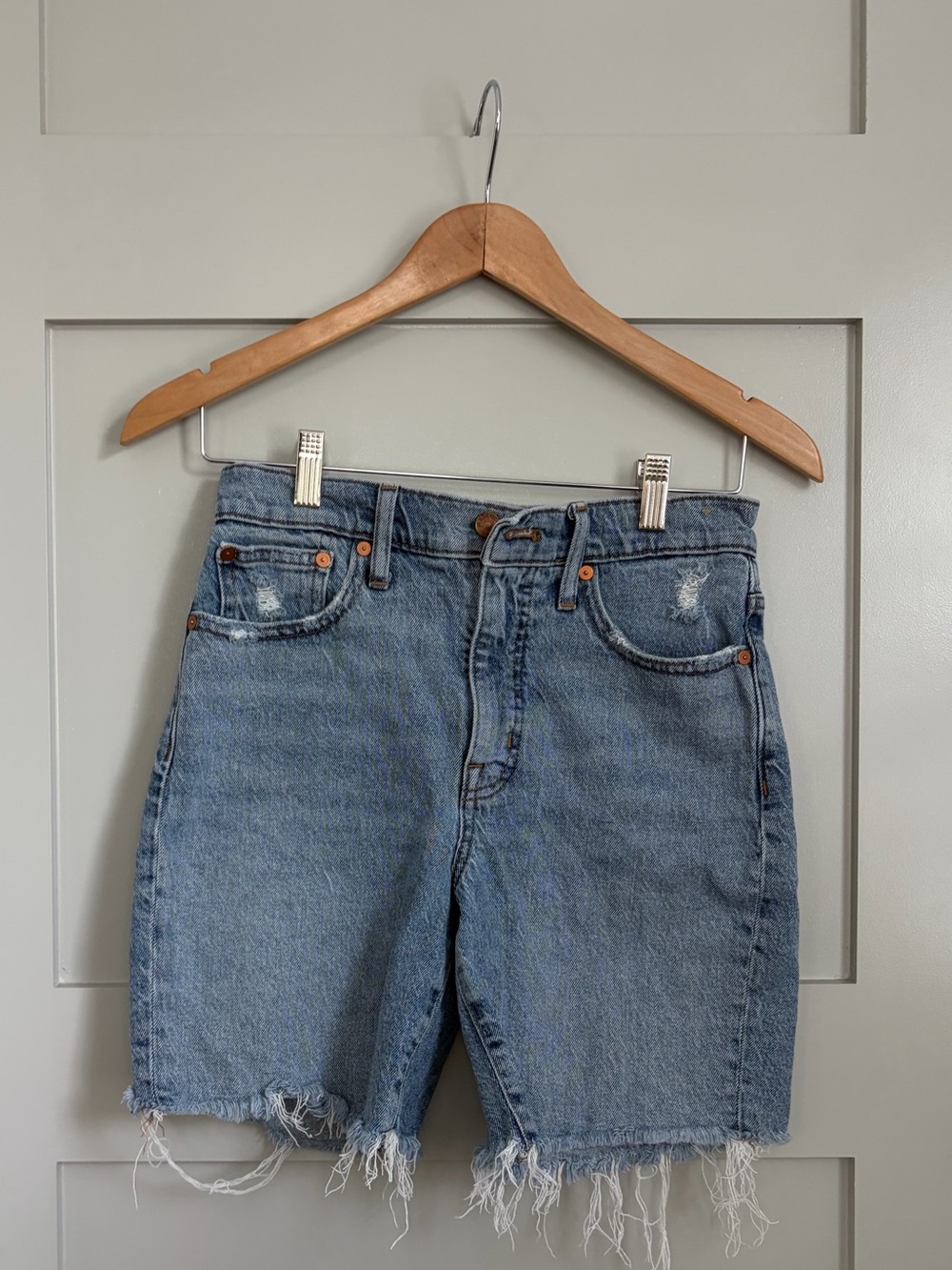 Madewell High-Rise Mid-Length Denim Shorts with Frayed Hem